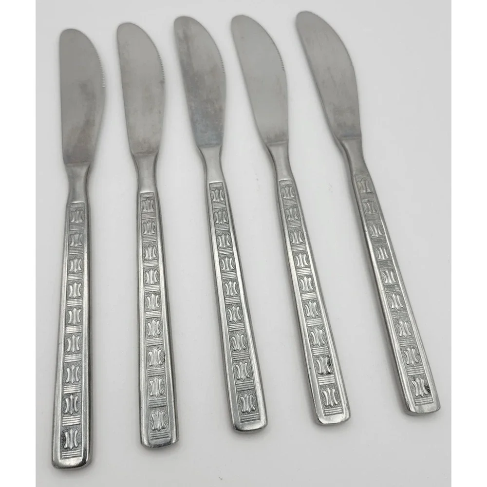 Amefa Holland‎ Stainless Dinner Knife 5 Knives Disc. Geometric Pattern VTG HTF